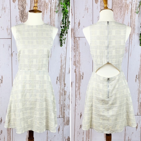 Cut-out Back Cotton Cream Gray Checked Dress Flare - Picture 1 of 9